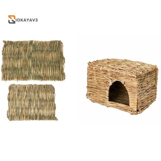 3 Pcs Pet Accessories: 1 Pcs Chinchilla Ferret Folding Straw Grass House & 2 Pcs Straw Mat Pet Hamster Rabbit Toy