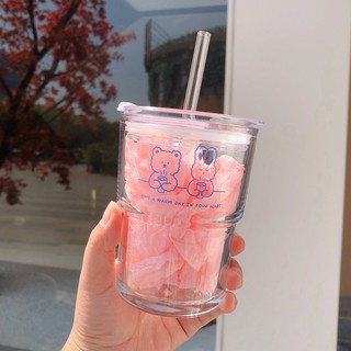 Glass Cup with Straw Tumbler with Lid Coffee Mug Milk Juice Cup Clear Cute Bunny Bear (4)
