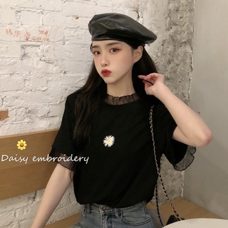 ◄✵AimeiBeauty Daisy embroidery lace stitching fake two short-sleeved T-shirt