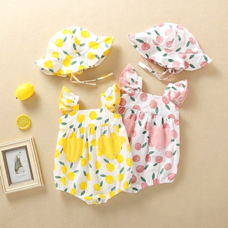 Newborn Baby Girl Floral Cotton Sling Romper + Hat Set Infant Girls Heart Pocket Jumpsuit Summer Clothes Outfit