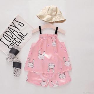 Baby Kids Girls Bunny Pattern Sling Outfits Set Short Sleeve Blouse Tops+Shorts Sleepwear Pajamas Beauty100