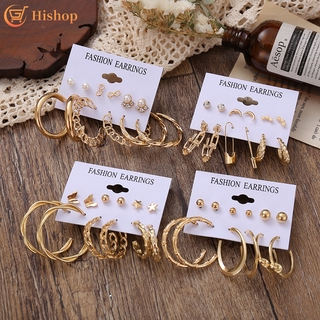 6 Pairs/set Geometric Butterfly Pearl Crystal Earring Exaggerated Stud Earrings Jewelry Accessories Gift