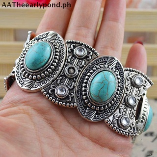 【AATheearlypond】 Stylish Boho Womens Retro Vintage Natural Turquoise Tibetan Silver Bracelet Cuff PH
