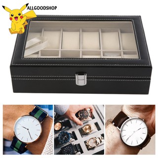12 Slots Grid PU Leather Watch Display Box Jewelry Storage Organizer Case