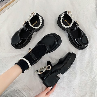 ✖☁2021 new pearl British small leather shoes women with skirt thick heel retro Mary Jane high heel J