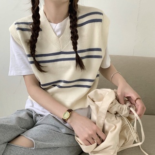 Korean ins Sheep Velvet Vest V-Neck Stripe Sweater Knit Vest