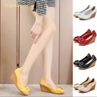 GCGCTOP Size35-40 ladies high heel wedges with mother shoes bow leather shallow