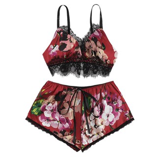 ♐warren ♐Fashion Sexy Lace Satin Trim Floral Bow Lingerie Set Pajamas Babydoll Sleepwear (3)