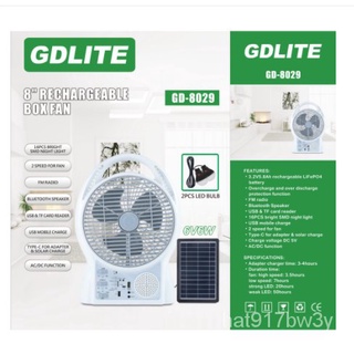 （Spot Goods）GDLITE GD-8029 "8" RECHARGEABLE SOLAR ELECTRIC FAN 6V6W WITH 16 BRIGHT NIGHT LIGHT AND 2