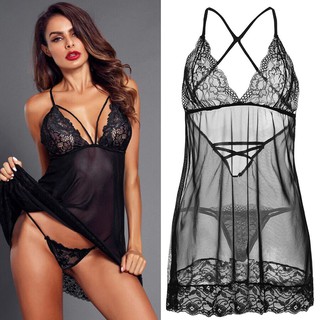 *Bowsky* Women Lace Sexy Passion Lingerie Halter Babydoll G-string Nightwear Dress