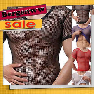 <BergenWW>Sexy Men Mesh See Through T-Shirt Fishnet Clubwear Short Sleeve Top Undershirt (1)