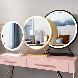 Makeup mirror with led light desktop desktop bedroom large dressing mirror household net red stickers wall hanging round mirror