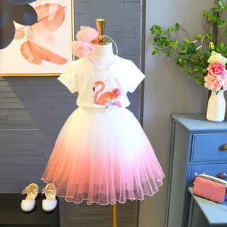Kids Baby Girls Casual Summer Swan Print Short Sleeve T-shirt+Mesh Tutu Skirts Suits 2Pcs Costume Se