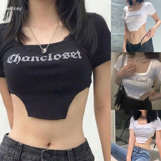 WIT Women Short Sleeve Slim T-Shirt Harajuku Rhinestone Letters Irregular Crop Top