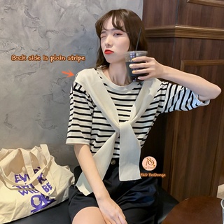 R&O #TS02 Korean Style Knitted Thin Knit Stripe Thin Tie Short Sleeve Round Neck Tshirt Top (5)