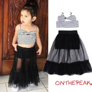 ❀ℳay-Kids Baby Girl Striped Sleeveless Bow Crop Tops Tulle Lace Skirt Summer Clothes