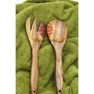 Mansanas Acacia-Wood Wooden Sandok/Ladle Pair of Serving Fork and Spoon-A