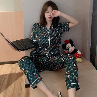 8 colors Korea women summer ice silk cute cartoon shirt and pants home service sleepwear set 2 piece