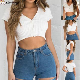 *Liminny*Fashion Women Sexy V-Neck Short Sleeve Ribbed Buttons Short Casual Crop Top