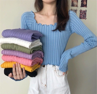 Multiple Colour Knitted High Waist Crop Top Women's Irregular Edge Long Sleeve Top