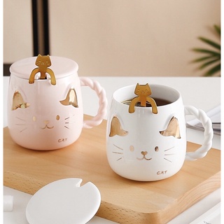 Classy Cute Twisted Handle Gold Cat Kitty Ceramic Mug Cup with Lid and Hanging Gold Spoon