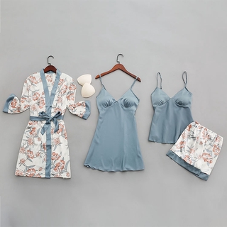 Sunrise sexy seductive pajamas women's summer belt bra gathered suspender shorts 4-piece ice silk printed housewear set