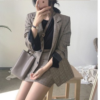 BUY 1 GET 1 Korean Plaid Suit Blazer and High Waist Skirt (1)