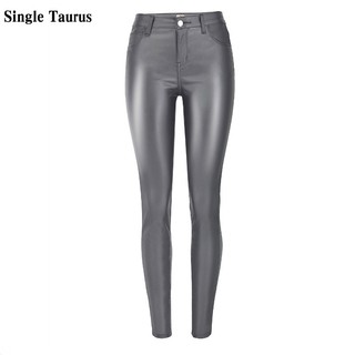 2020 Fall Winter Female Leather Pants High Waist Skinny PU Coating Jeans for Women Grey Moto Biker P