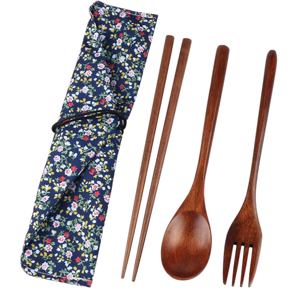 Wooden Cutlery Set Spoon Fork Chopsticks with Cloth bag (1)