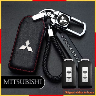 Mitsubishi Genuine Leather Car Key cover key Holder Leather Remote Fob Case Alloy Metal Keyring Keychain