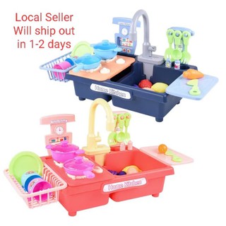 Kids Pretend Play Kitchen Electric Dishwashing Table Set Real Faucet Wash Dishes Sink Toys