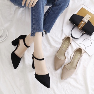 Korean Sandals Square Heels Suede cod free shipping