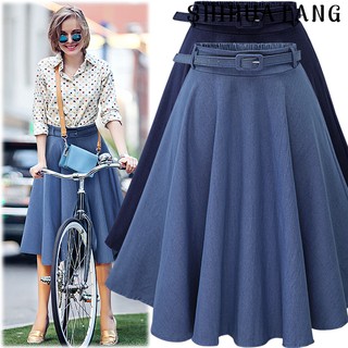 ⭐⭐Ready Stock Elastic Waist Denim Midi Skirt with Belt