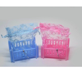 ♙12pcs plastic crib with pouch for christening birthday souvenir giveaways color pink(for girl) / b