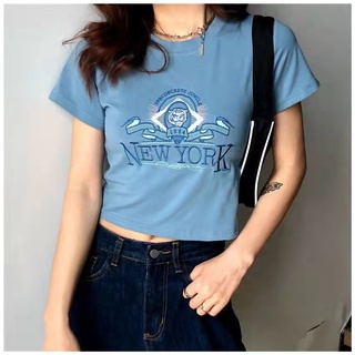 YZ Korean style Classical Embroidery Blue Crop Top for women new 2021 sale