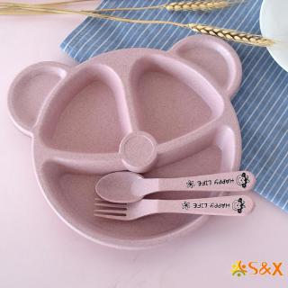 S&X Toddler Feeding Plate Bowl Cute Bear Shape Portion Divided with Spoon and Fork