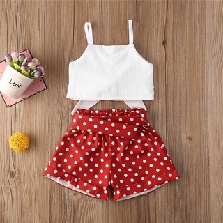 【Forever CY Baby】Kid Baby Girls Summer Clothes Sleeveless Bowknot Vest Tops Polka Dots Print Belt Sh