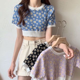 Sweet Daisy Bubble Short Sleeve T - Shirt Women's Knitted New Korean Version Loose Show Thin Short Blouse