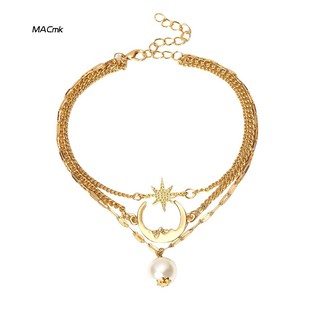 MAC-Multilayer Moon Star Faux Pearl Anklet Bracelet Ankle Chain Women Sandal Jewelry