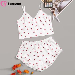 Topowne-Women Heart Print Satin Camisole Pajamas Ruffled Flounce Shorts Lingerie Set
