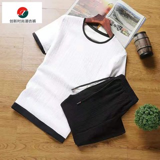 ❍✵▽Ice silk suit men s summer loose large size casual sports suit men s short-sleeved cropped trousers two-piece suit