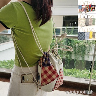 ♧♀▤Canvas Bag Shoulder Shoulder Drawstring Backpack Korean Simple Casual Handbag Student Sports Small Bag Drawstring Bag