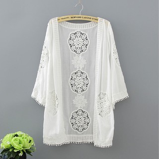 Embroidery Hollow Out Loose Crochet Long Kimono Cardigan With Tassel