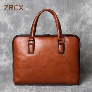 ﹉✌ZRCX Vintage Man Handbag Briefcase Men Shoulder Genuine Leather Bags Brown Business Fashion 14 Inc