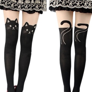 ☆BIG☆Sexy Cute Black Tattoo Long Socks Sheer Cartoon Cat Pantyhose Stockings Tights