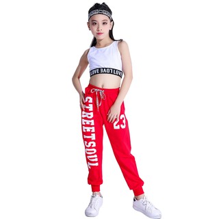 Ready Stock Kids Girls Jazz Dance Costume Casual Wear Hip Hop Clothing Streetwear Crop Tops Vest Jogger Pants for Kids Sportswear (3)