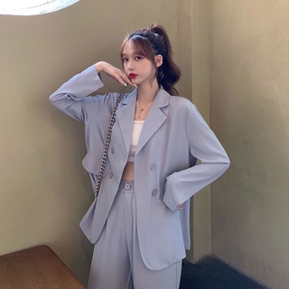 【Free VEST with order】Summer Chiffon Retro Small Suit Plaid Suit Jacket Women's Korean-Style High-Waist Loose-Fit Casual Women's Pants Set blazer (1)