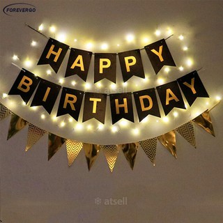 RE Happy Birthday Banner Decoration set Fish Tail Triangle Flag With 2pcs 3m Light String