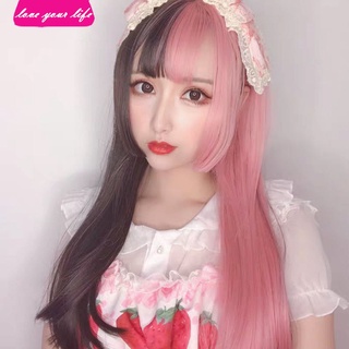 【EUL】Japanese Wig Princess Cut Colorful COSPLAY Anime Black Pink Double Color Wig Long Straight Hair Lolita