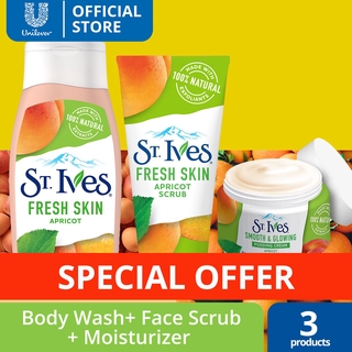 St Ives Fresh Skin Apricot Bundle: Face Scrub 6 oz, Body Wash 13.5 oz, Pudding CreamMoisturizer 45g